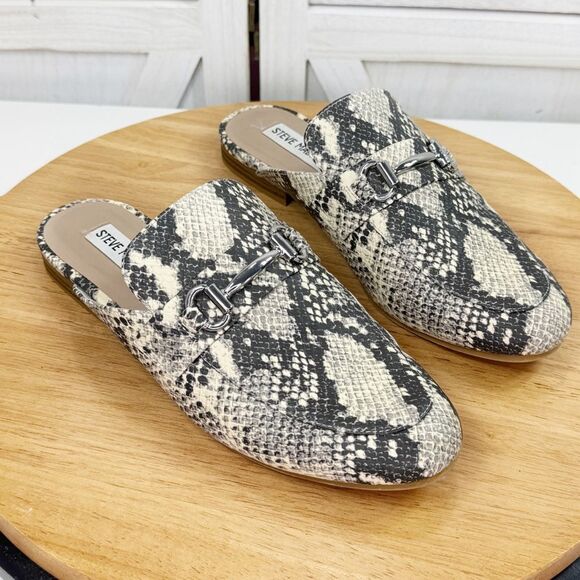 Steve Madden Kandi Snakeskin Horsebit Buckle Slide Loafers Cream Grey 8 - Picture 11 of 11